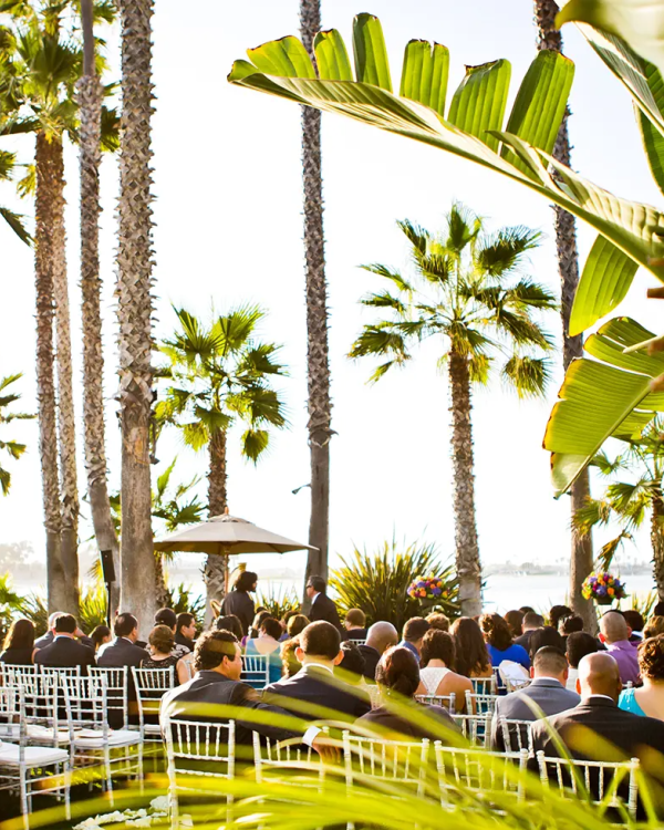 Outdoor wedding or event ceremony by the beach, seated guests under palm trees with sunlight filtering through tropical foliage.
