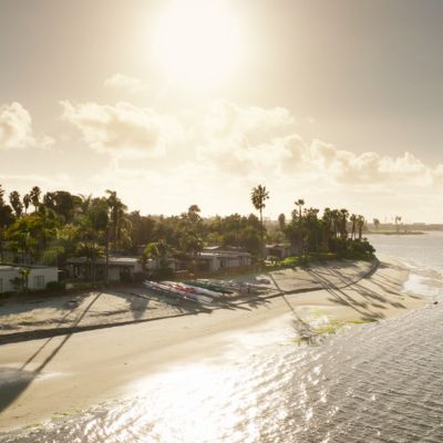 A sunny coastal scene with a sandy beach, palm trees, small houses along shore, and calm water reflecting the bright sky.